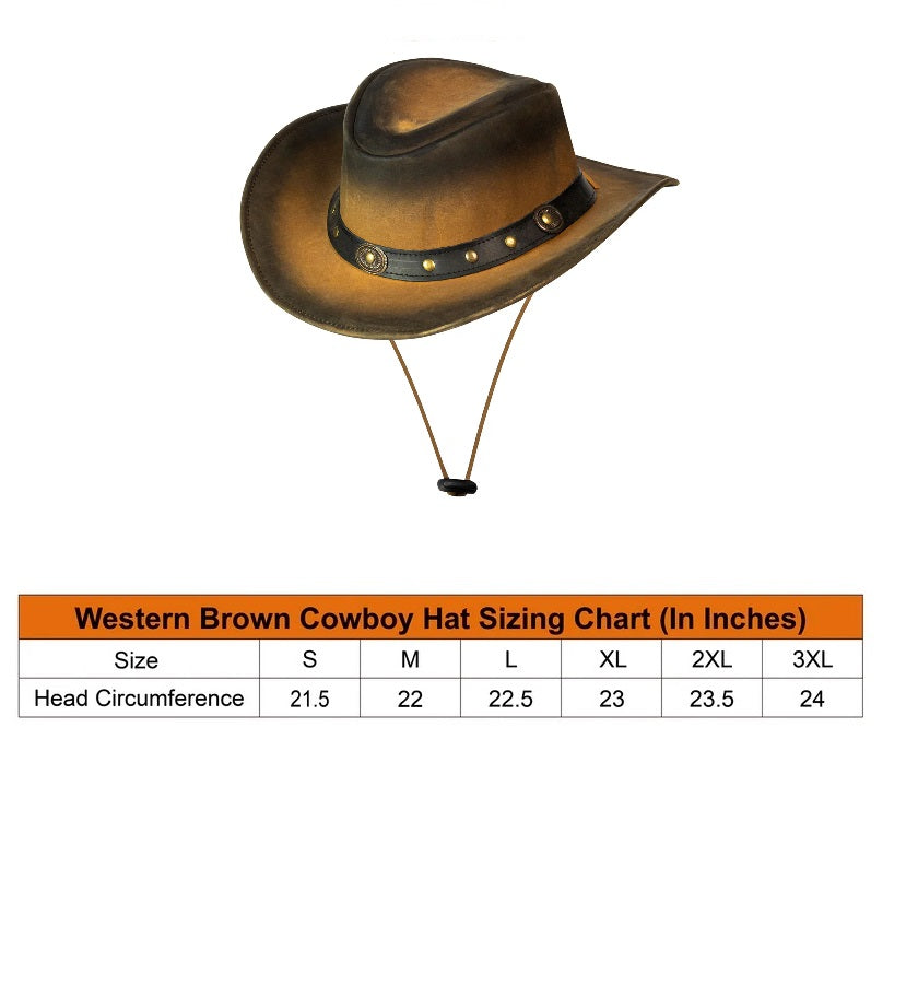 Men's distressed brown leather cowboy hat with sizing chart showing head circumference S to 3XL in inches