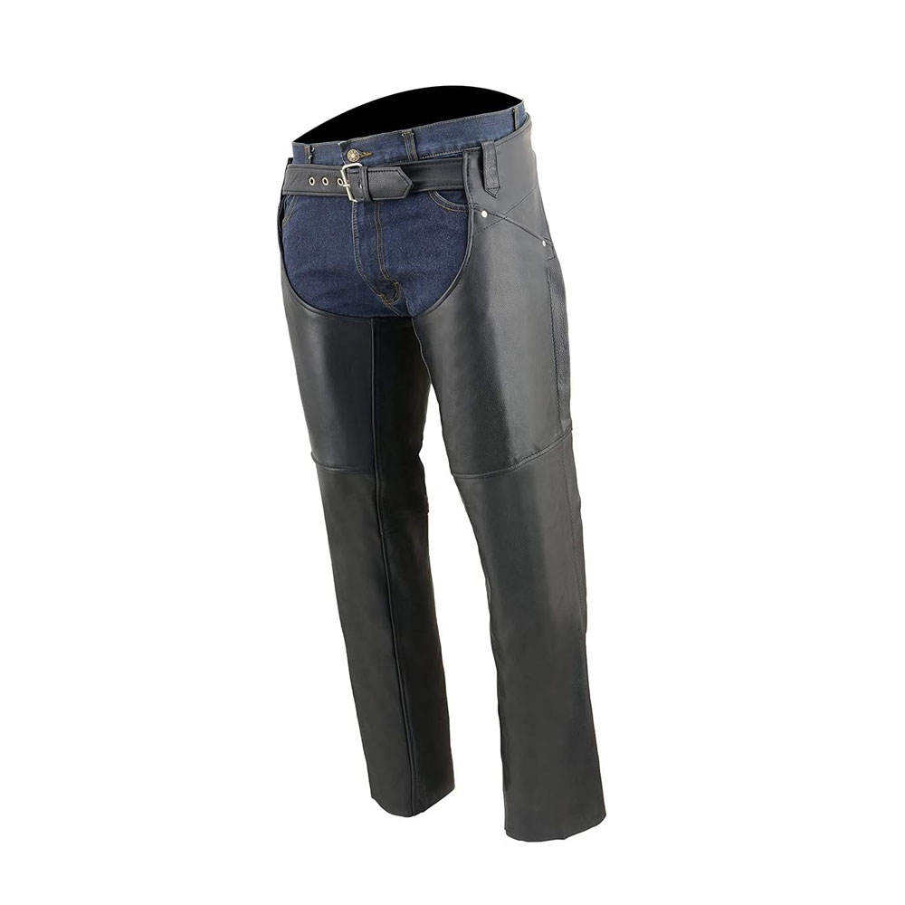 Pair of black leather pants with blue denim patch