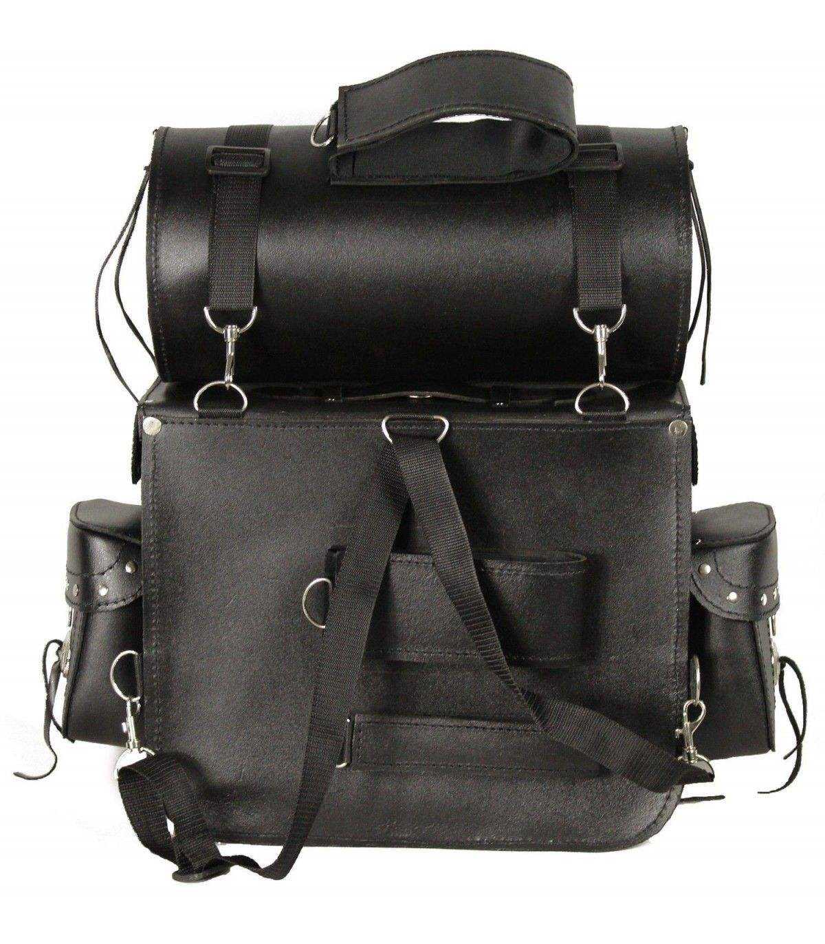 Black leather motorcycle saddlebags on a white background