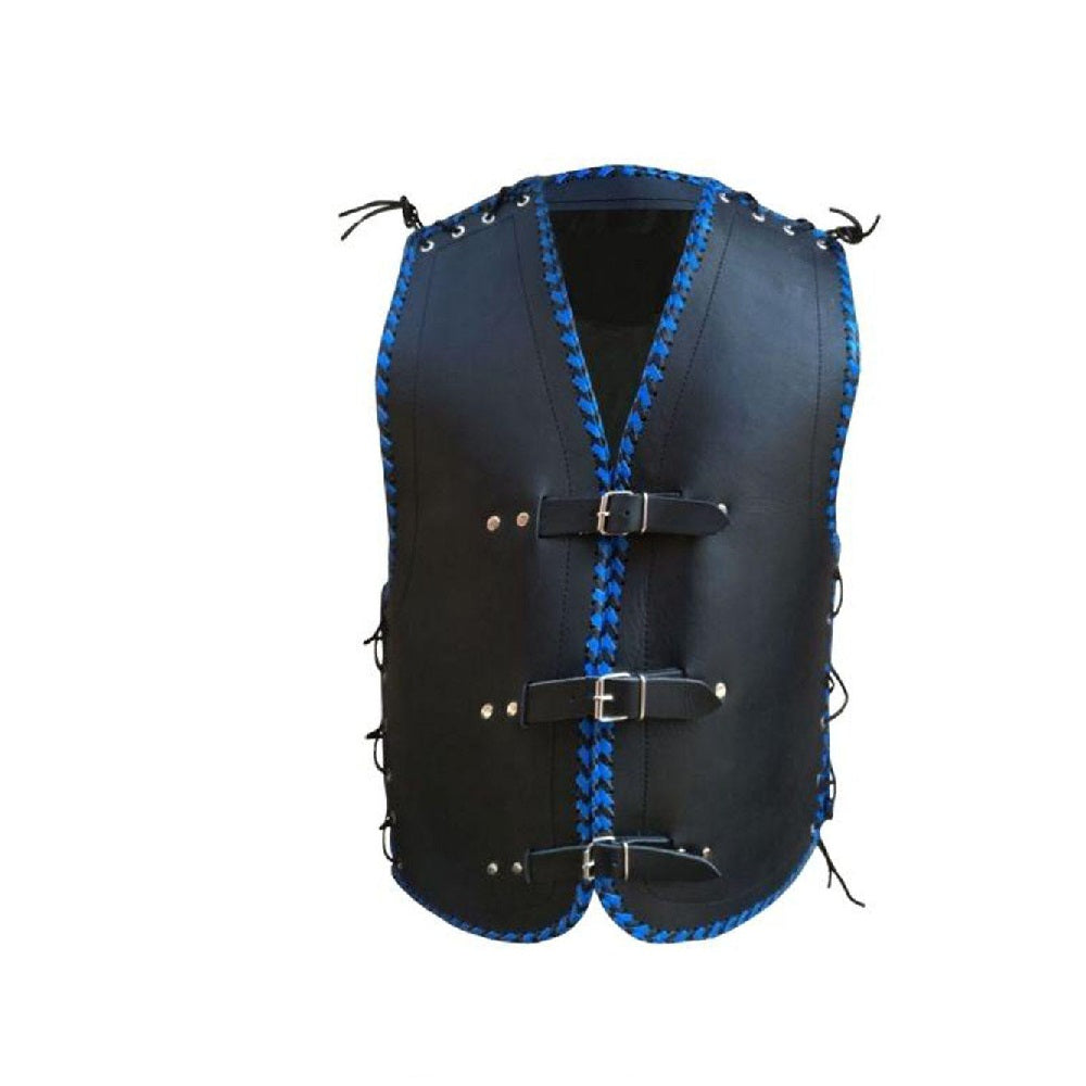 Black leather vest with blue stitching