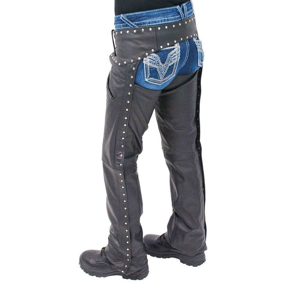 Gray leather pants with blue accents and studs on