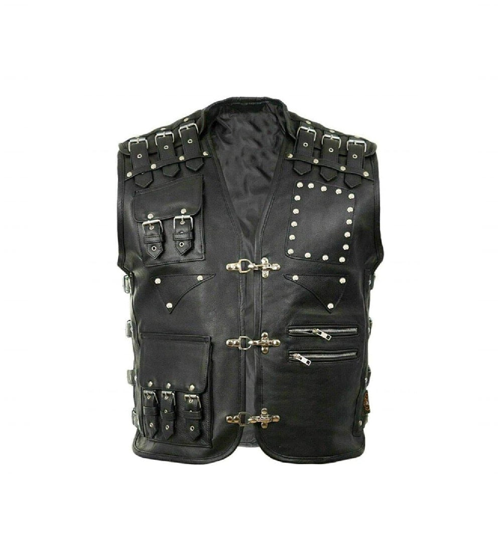 Black leather vest with studs and buckles