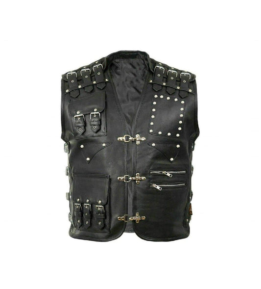 Black leather vest with studs and buckles
