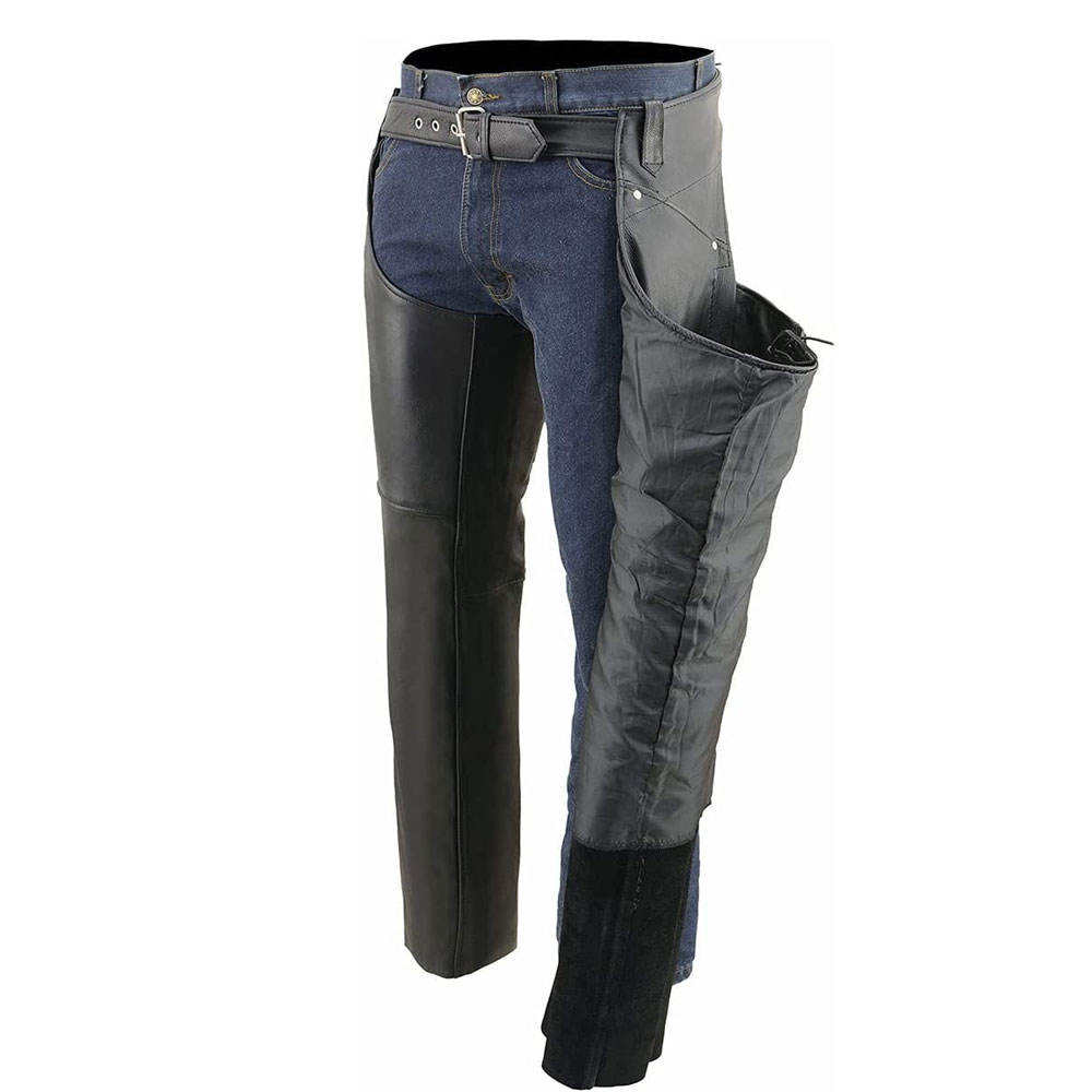 Denim riding pants with leather and gray accents 