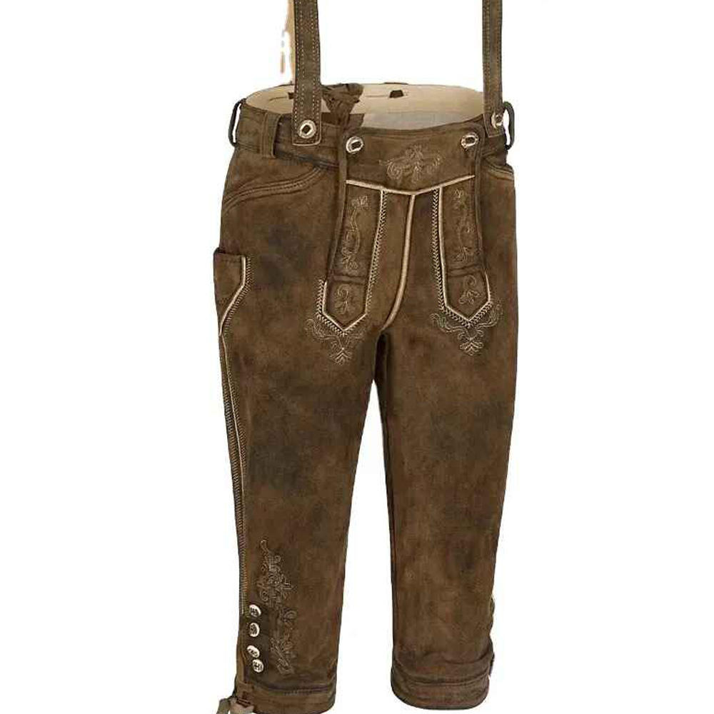 Front view of men's brown suede leather lederhosen with embroidered bib and leather suspenders