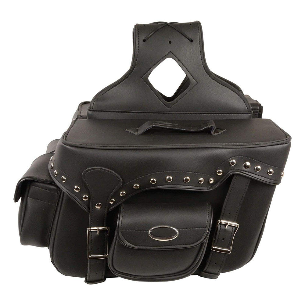 Black leather saddlebag with studs and a diamond cutout on a white background