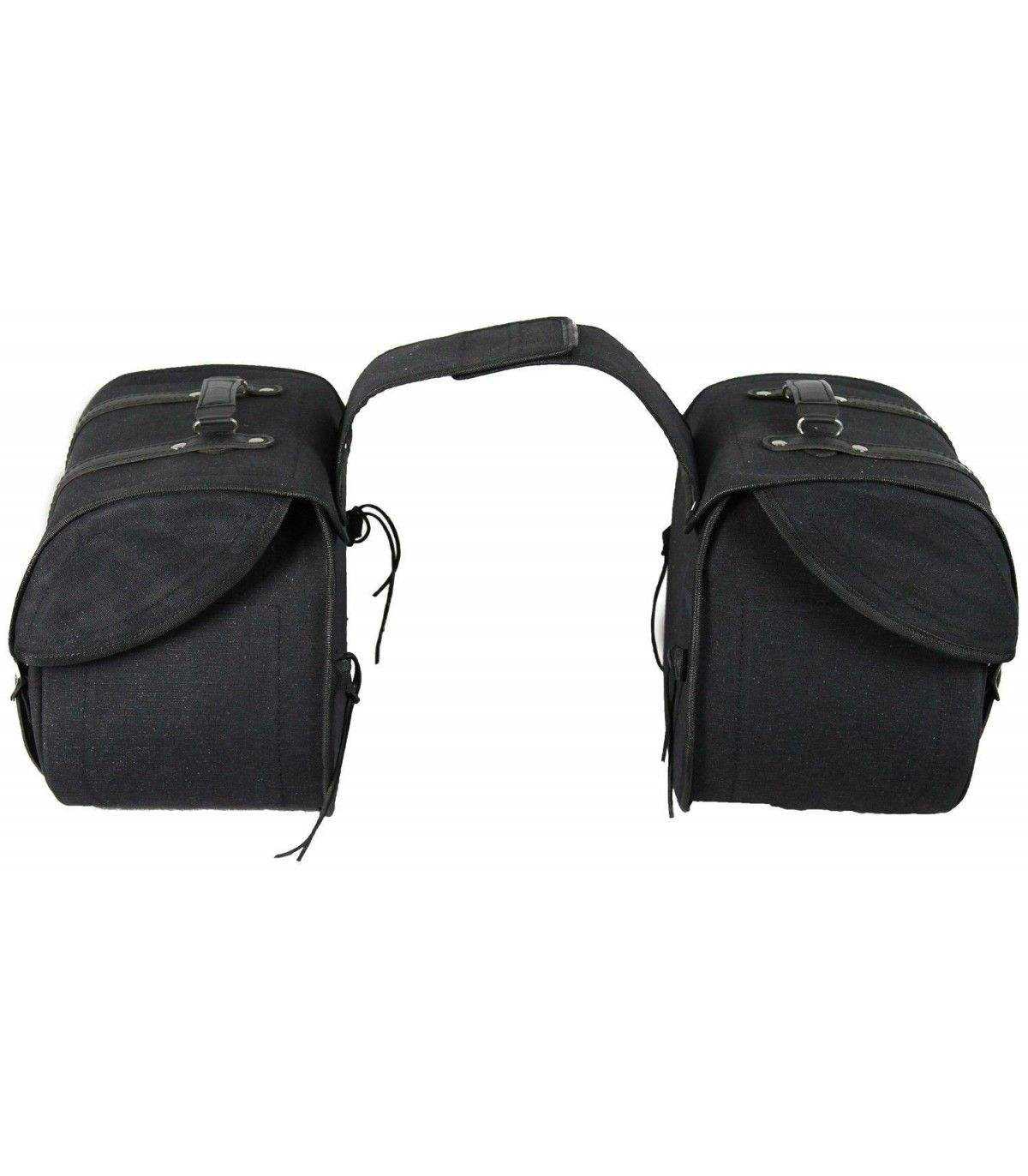 Pair of black motorcycle saddlebags on a white background
