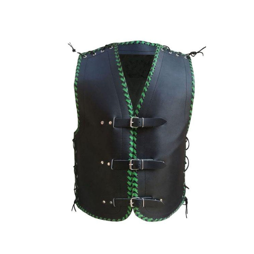 Black leather vest with green stitching 