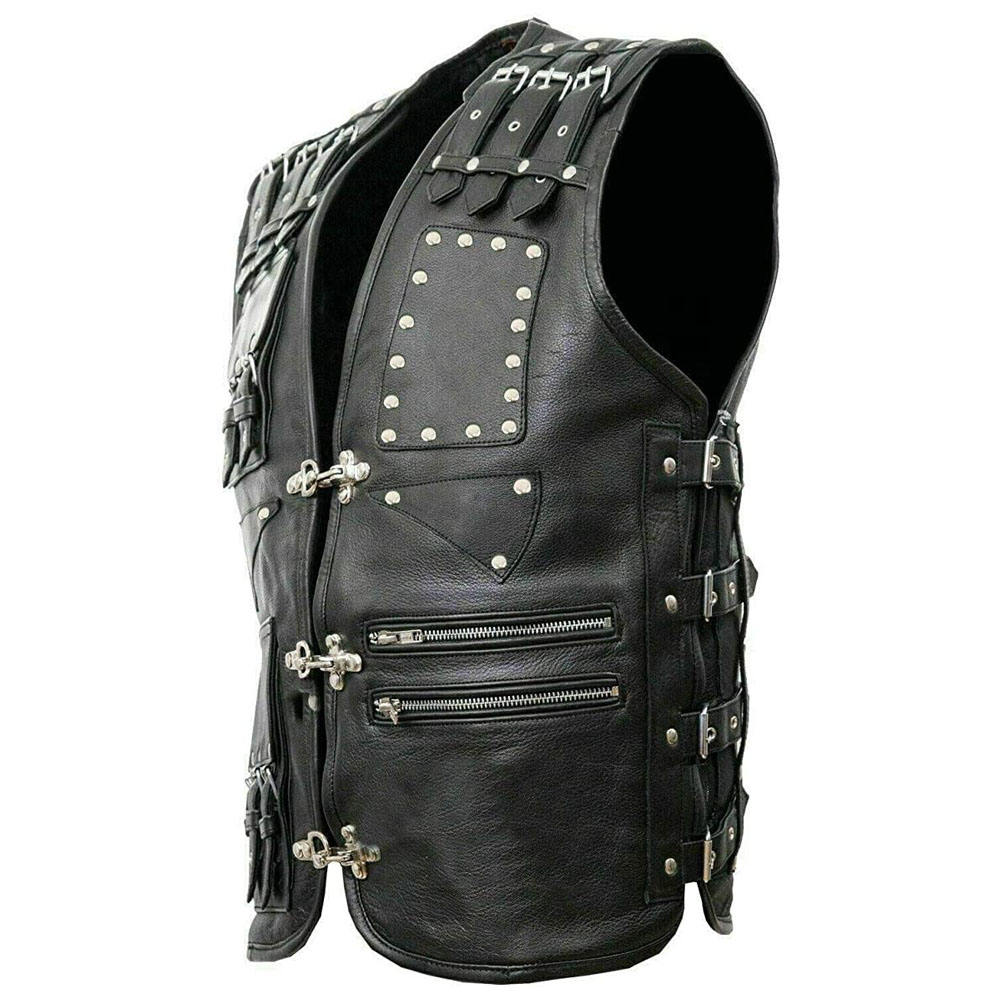 Black leather vest with silver studs and zippers