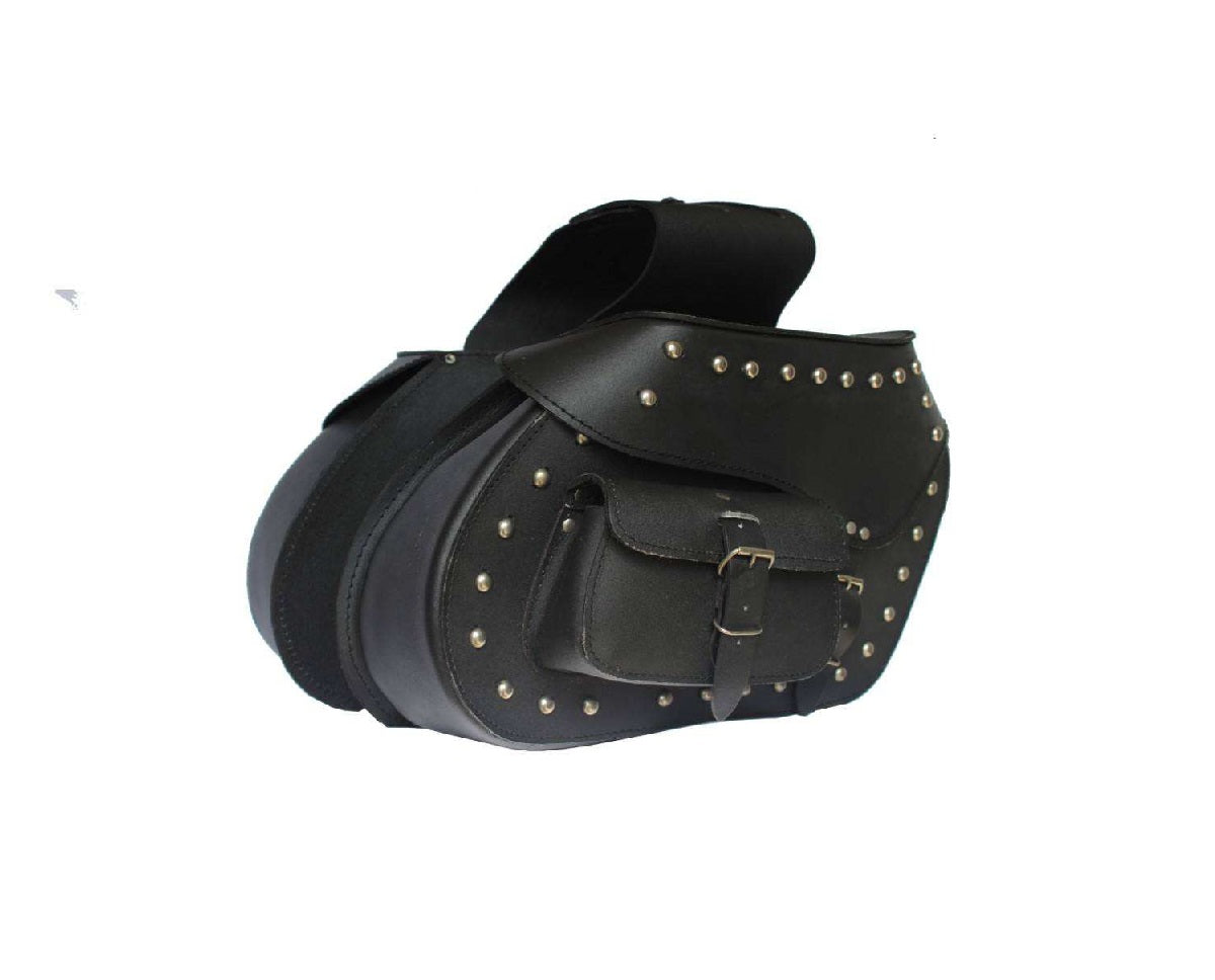 Black leather saddlebag with studs on a white background