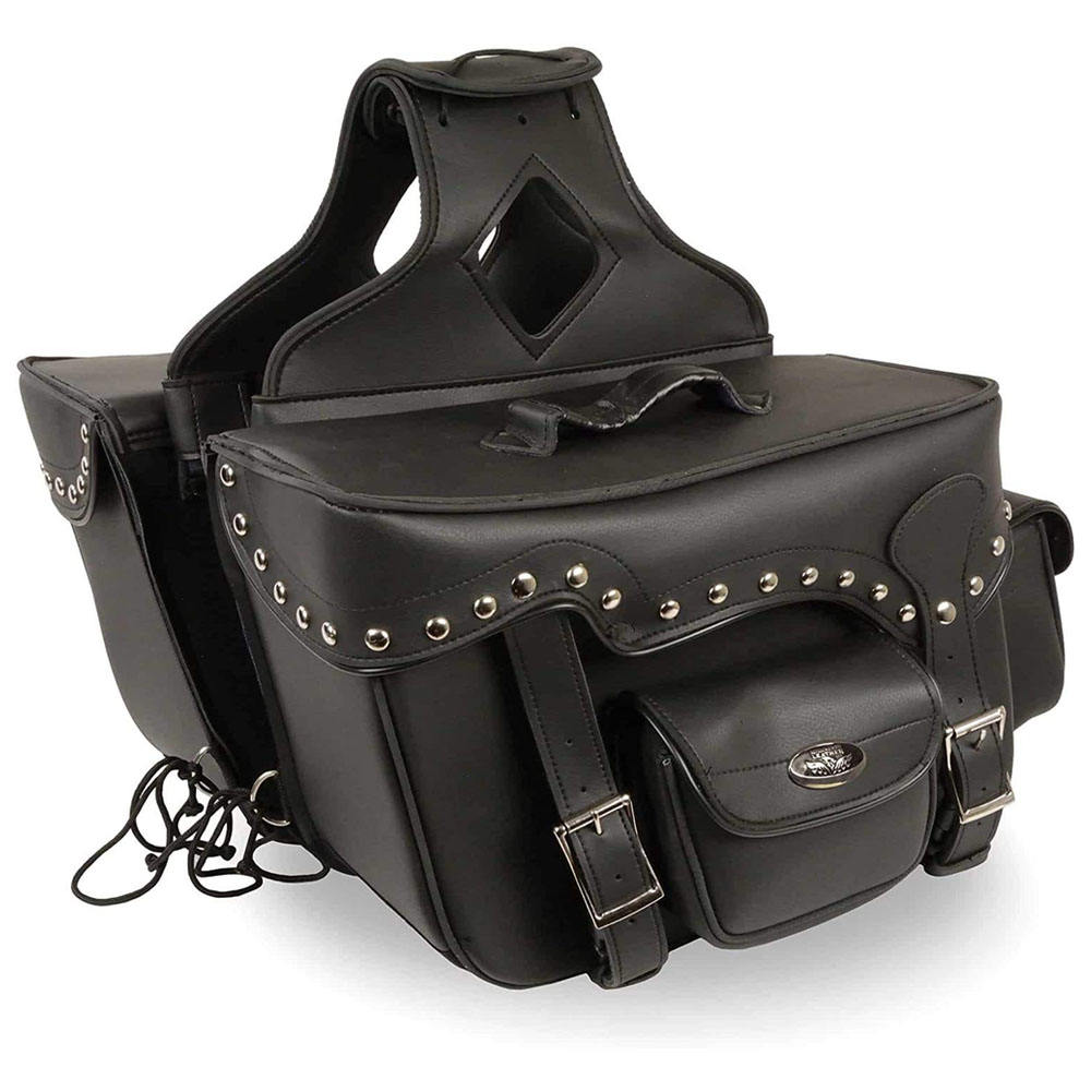 Black leather motorcycle saddlebag with studs on a white background