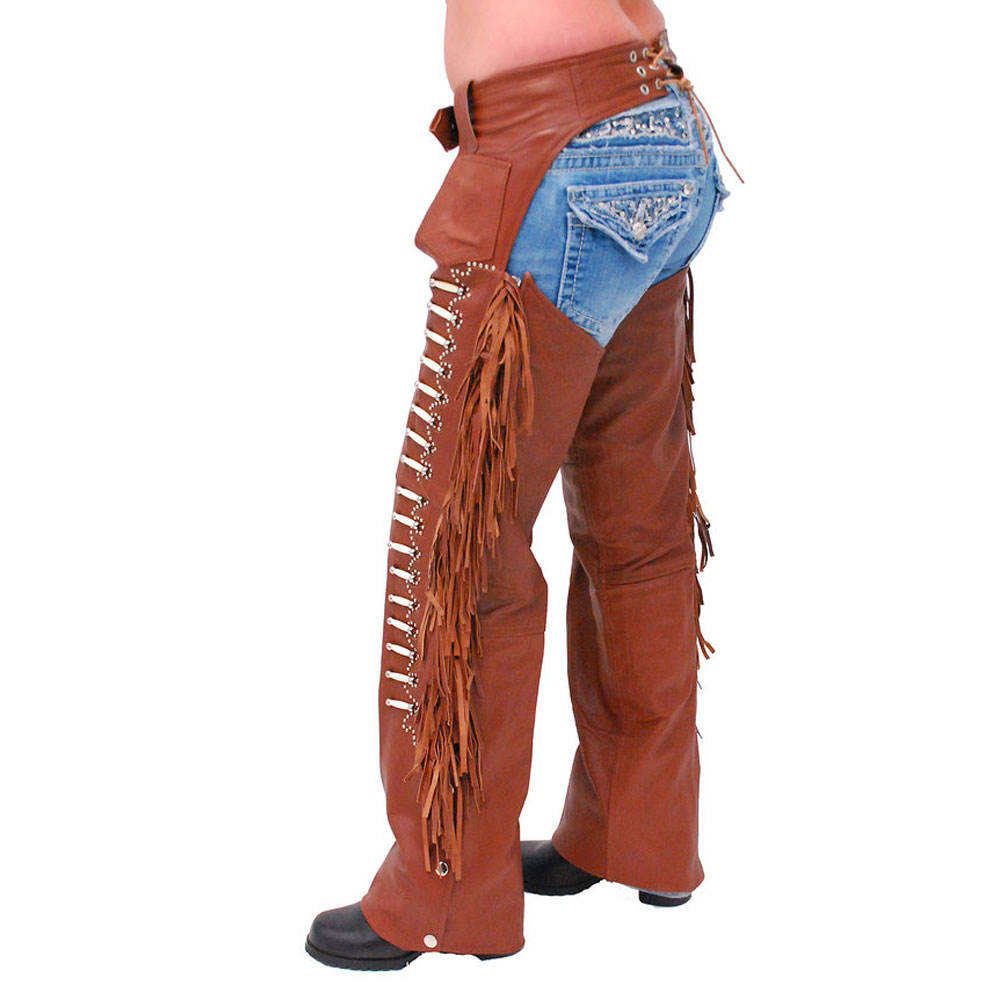 Brown leather fringe pants with a partially visible denim skirt on a white background