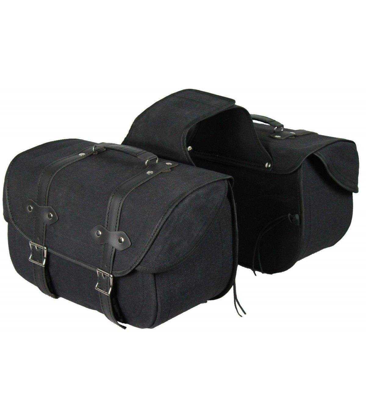 Pair of black leather motorcycle saddlebags on a white background