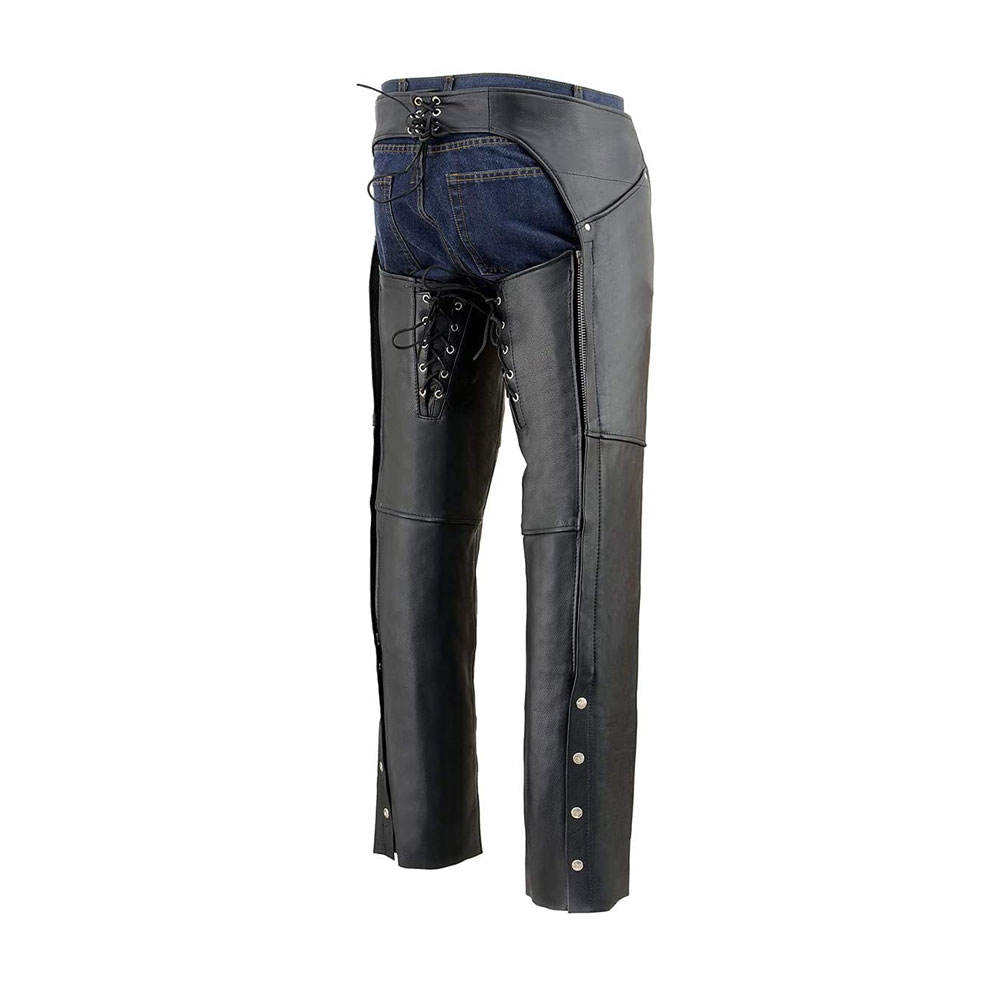 Black leather chaps with denim lining on 