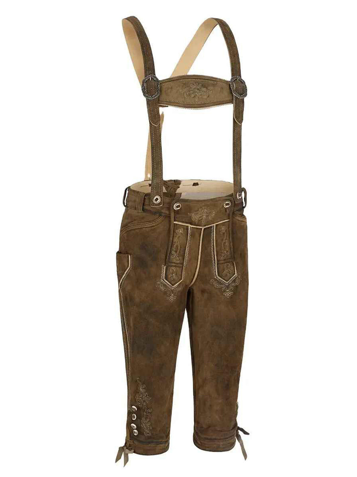 Full front view of traditional brown leather lederhosen with adjustable leather suspenders and floral embroidery