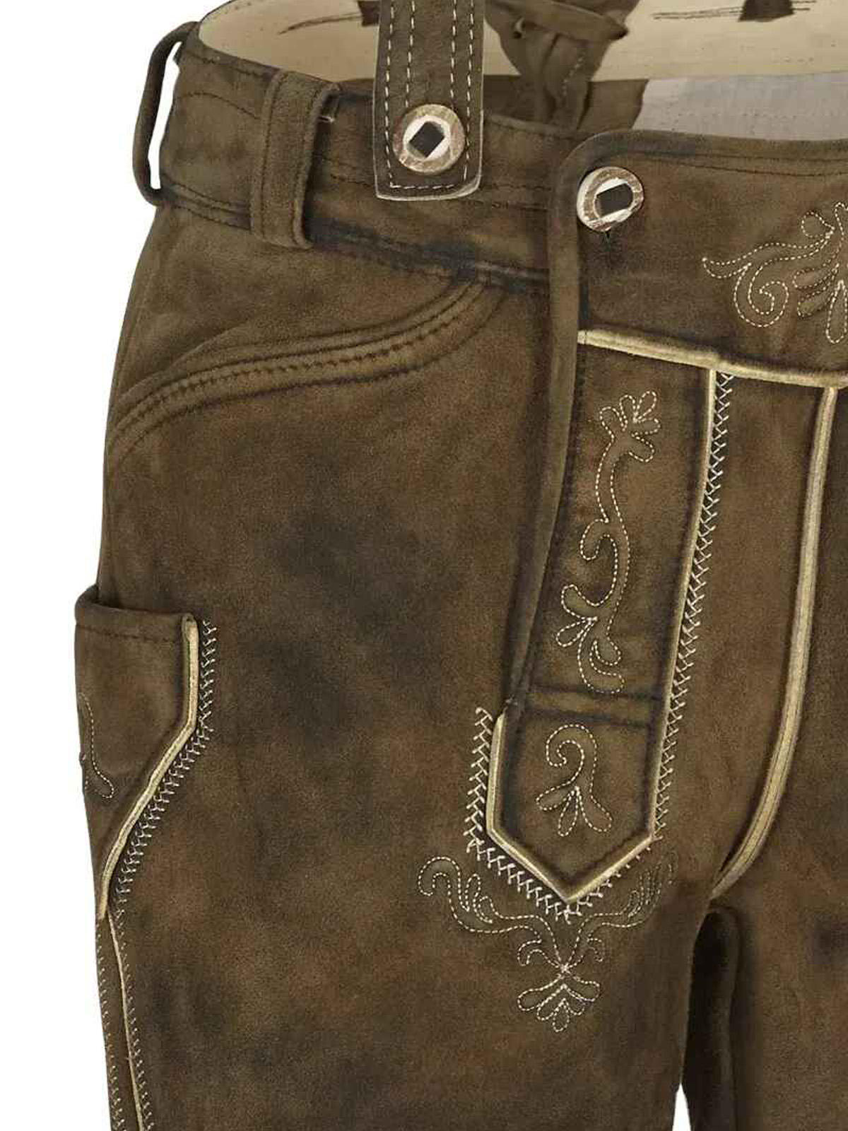 Close-up of embroidered leather lederhosen bib with decorative stitching and eyelet hardware