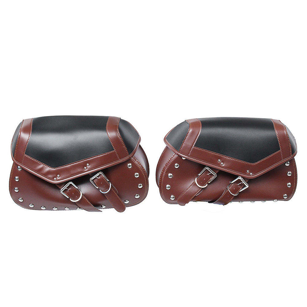 Pair of brown and black leather saddlebags on a white background