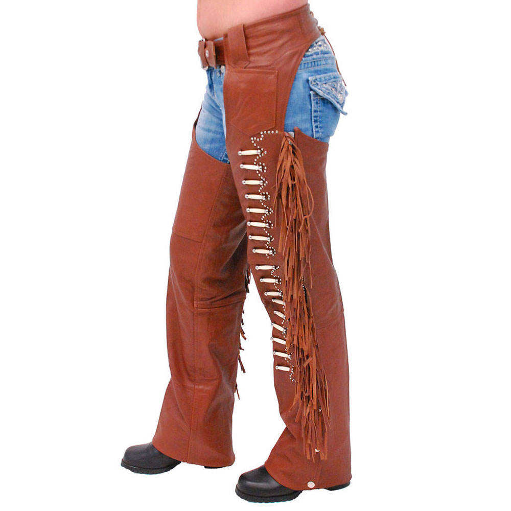 Brown leather pants with fringe and studs on a white background