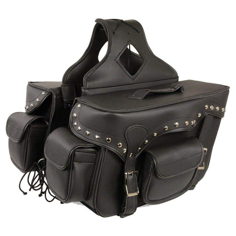 Black leather motorcycle saddlebags with studs on a white background