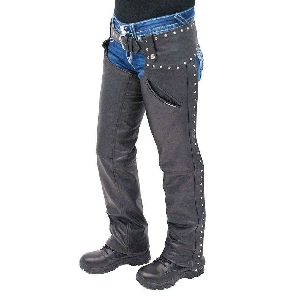 Black leather pants with studs on a white background
