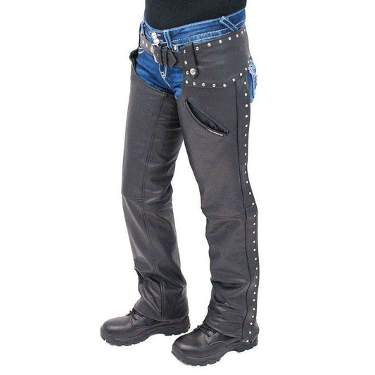 Black leather pants with studs on a white background