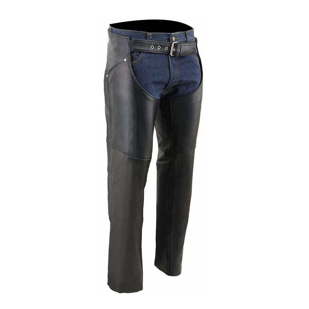 Black leather riding chaps with blue inner lining 