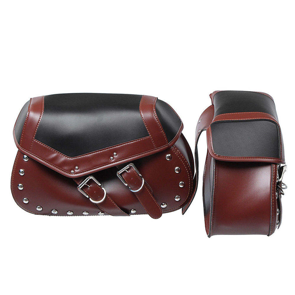 Pair of brown and black leather saddlebags on a white background