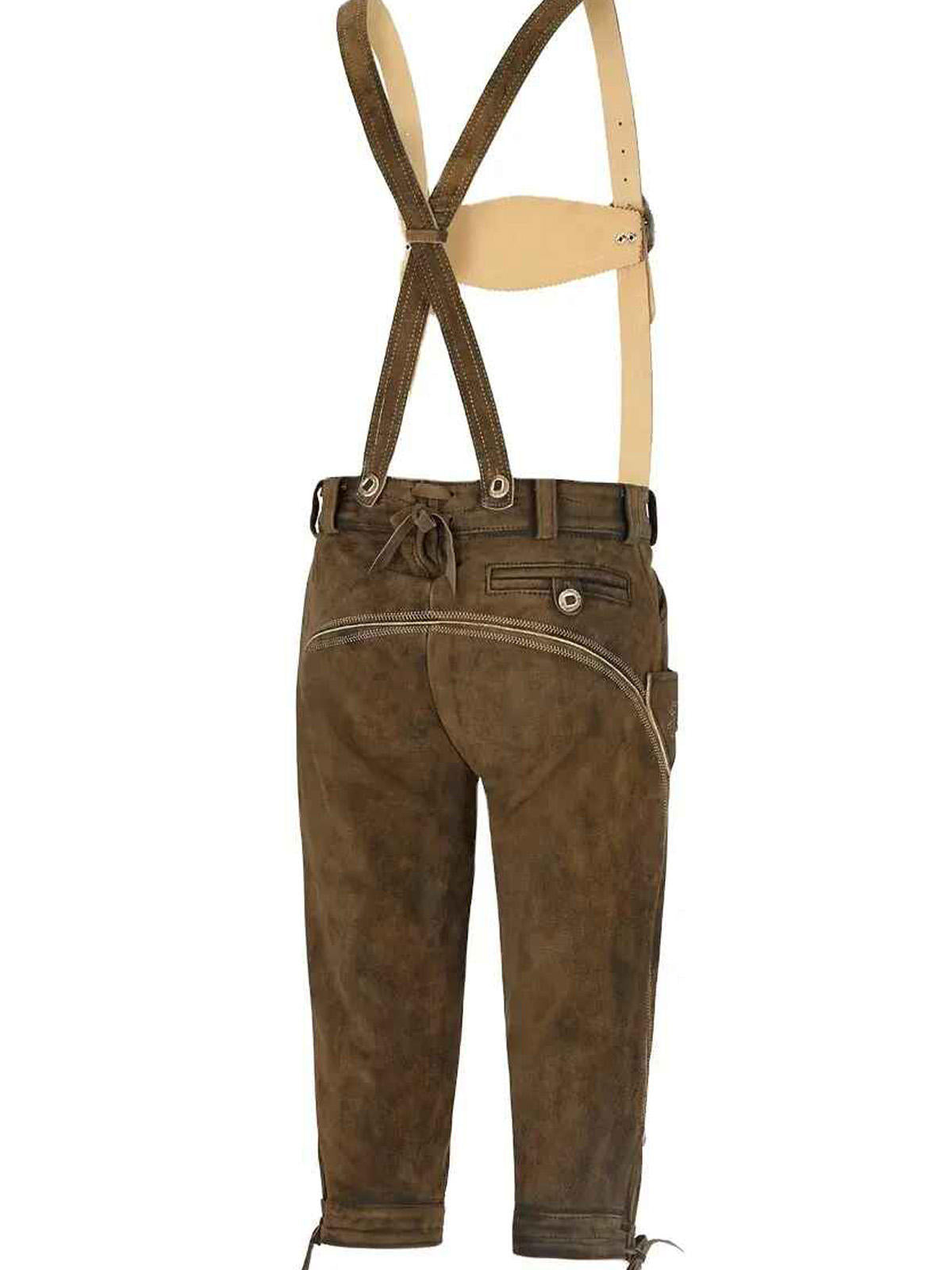 Back view of brown suede leather lederhosen with cross-back leather suspenders and zip detail