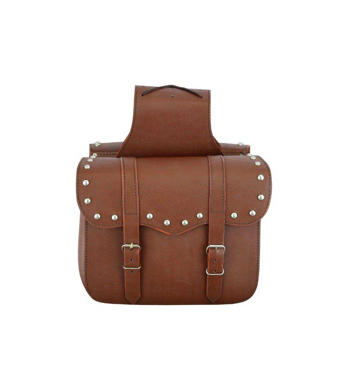 Brown leather saddlebag with studs on a white background