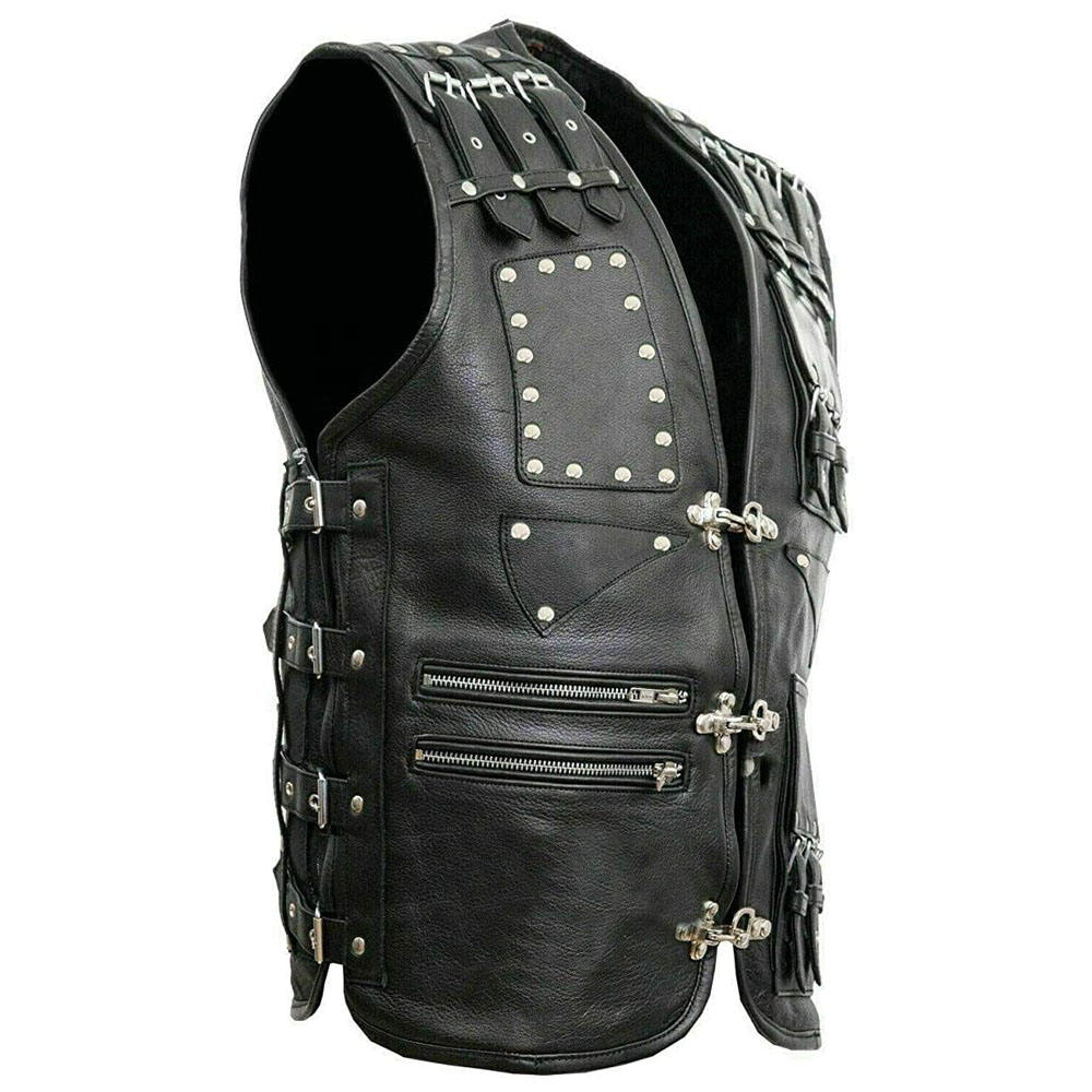 Black leather vest with silver studs and zippers