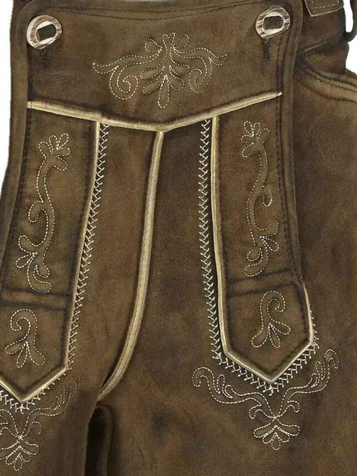 Detailed close-up of hand-stitched floral embroidery on traditional leather lederhosen front panel