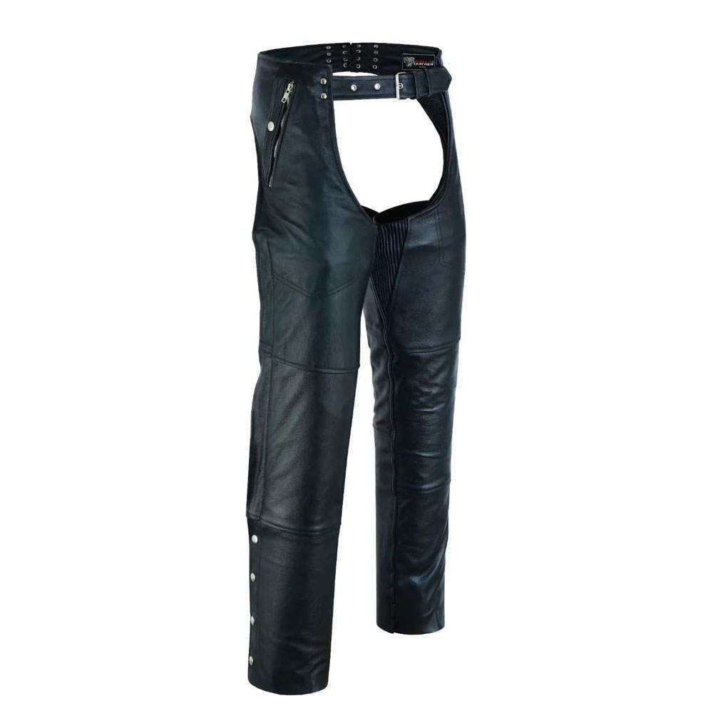 Black leather motorcycle pants with zippers and buttons