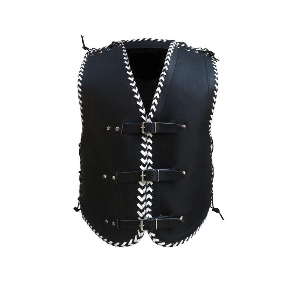 Black vest with white braided trim