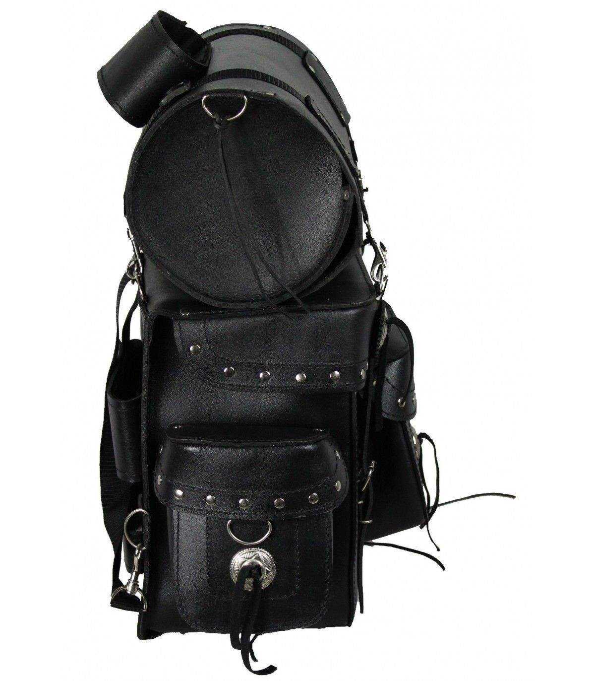 Black leather backpack with multiple pockets and straps on a white background