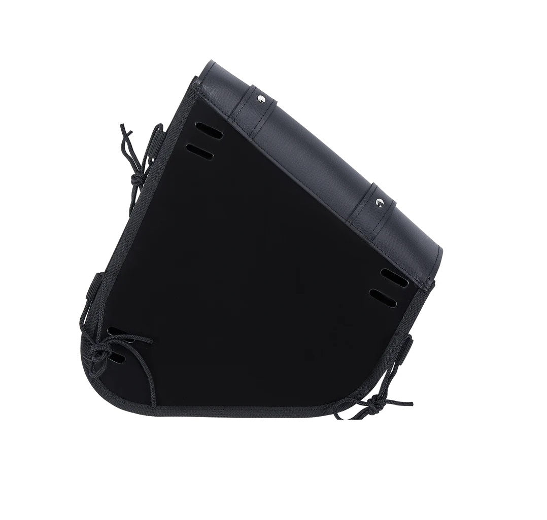 Rear view of the black leather saddle bag showing sturdy attachment straps for secure mounting on motorcycles.