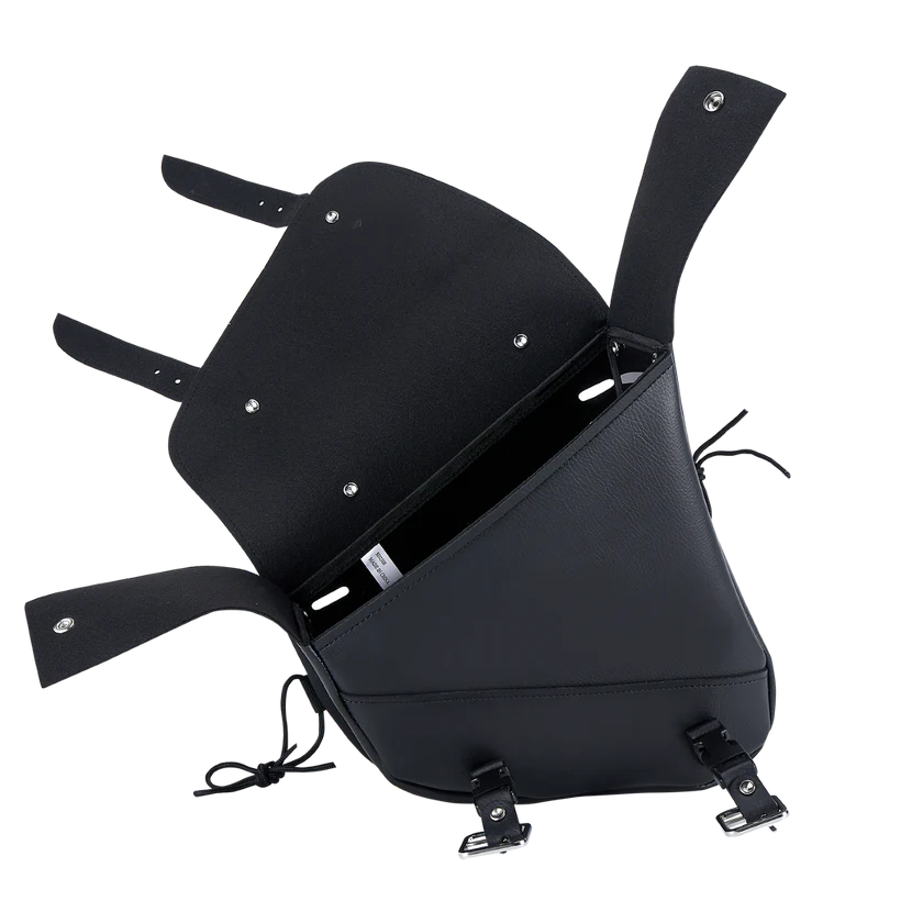 Spacious interior of the black leather saddle bag featuring ample storage for tools, accessories, and everyday riding essentials.