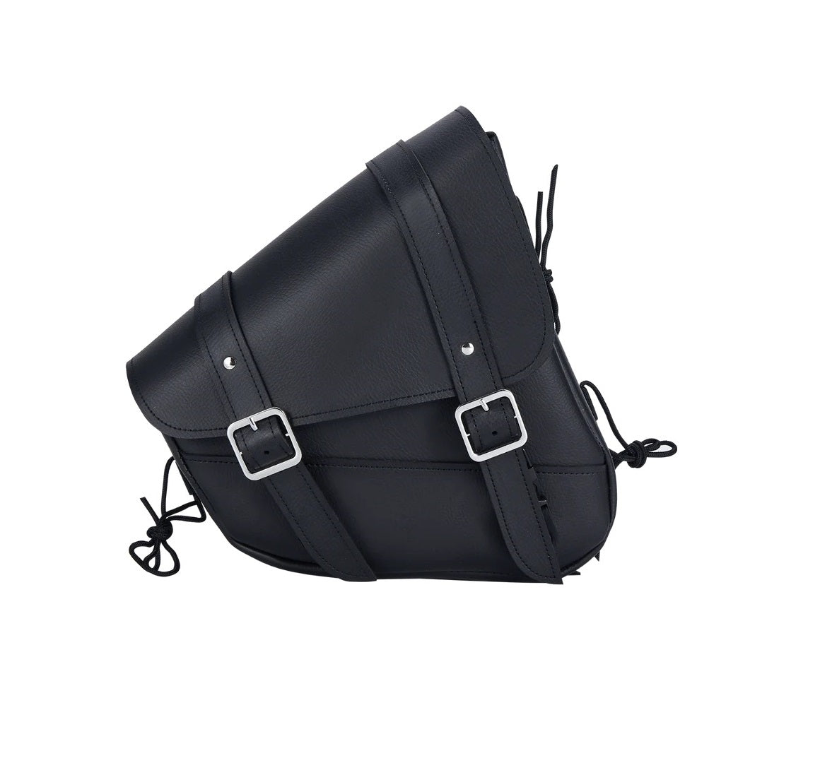 Beautiful black leather motorcycle saddle bag with a classic design, durable construction, and secure buckle closure.