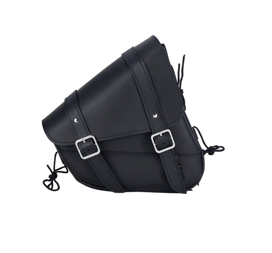 Beautiful black leather motorcycle saddle bag with a classic design, durable construction, and secure buckle closure.