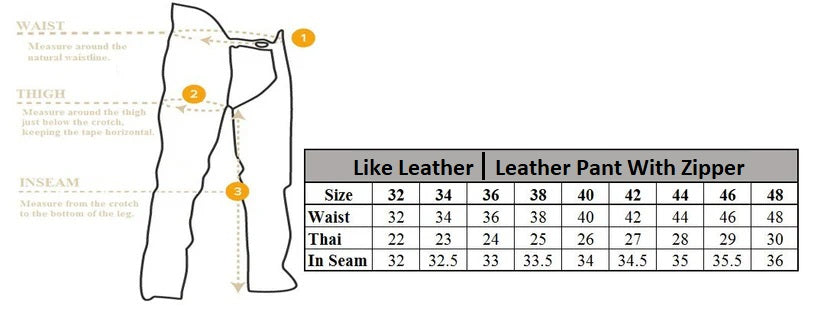 Measurement chart for leather pants with sizes and measurements labeled.