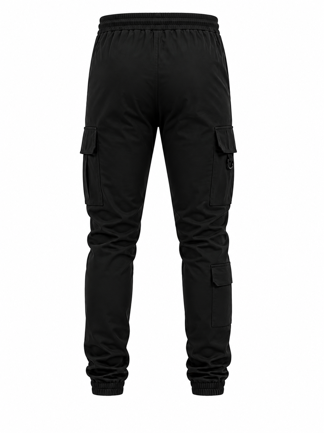 Black cargo jogger pants with side flap pockets and elastic cuffs, shown from the back on a white background.