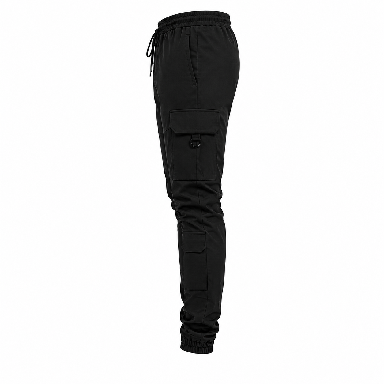Black cargo jogger pants with an elastic drawstring waist, side cargo pocket, and elastic ankle cuffs, shown from a side profile view on a white background.