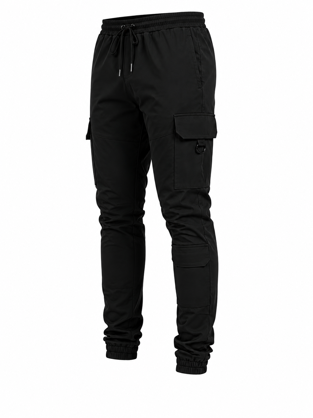 Black cargo jogger pants with an elastic drawstring waist, side cargo pockets, and elasticized ankle cuffs, shown on a plain white background.