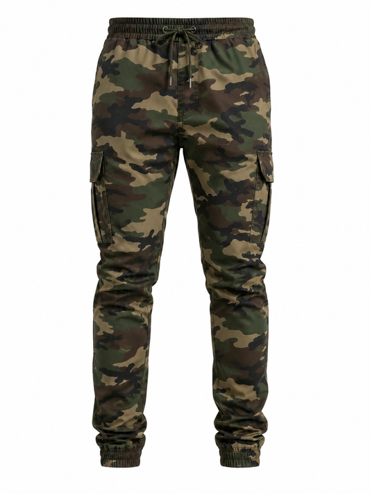 A pair of camouflage cargo jogger pants with an elastic drawstring waist, side cargo pockets, and ribbed ankle cuffs, shown against a plain white background.