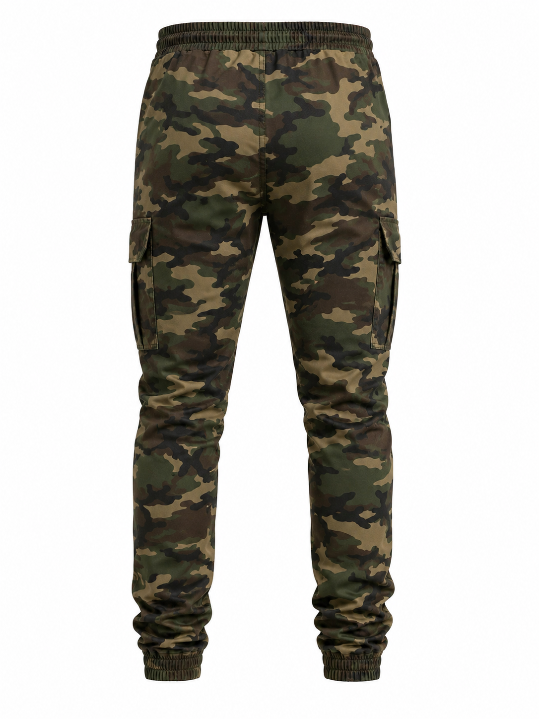 A pair of camouflage cargo jogger pants with an elastic waistband and ribbed ankle cuffs, shown against a plain white background.
