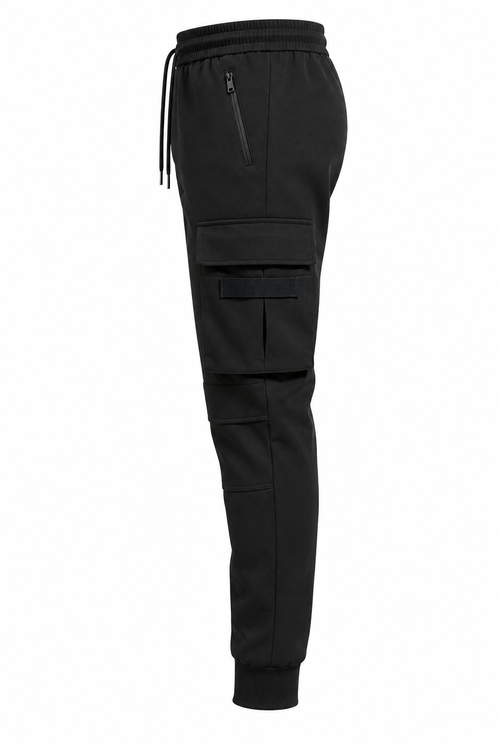 Black cargo jogger pants with a drawstring waist, side zip pocket, and cargo pockets, shown from a side profile view on a white background.