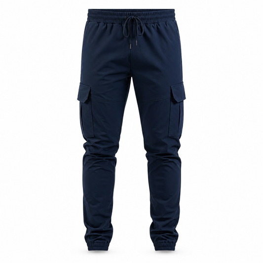 Navy blue cargo jogger pants with an elastic drawstring waist and side cargo pockets, shown against a plain white background.