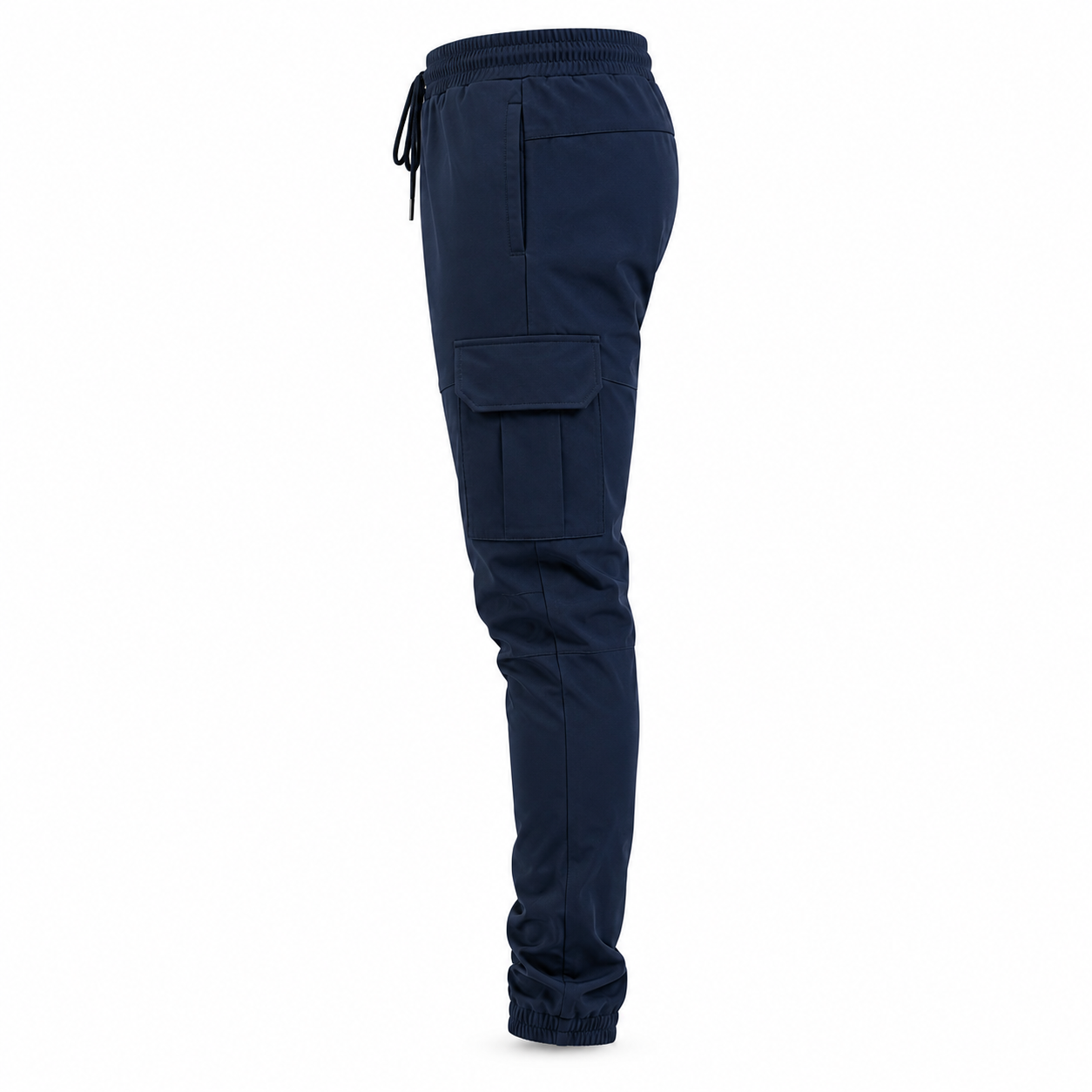 A pair of navy blue cargo jogger pants shown from a side profile view against a plain white background.