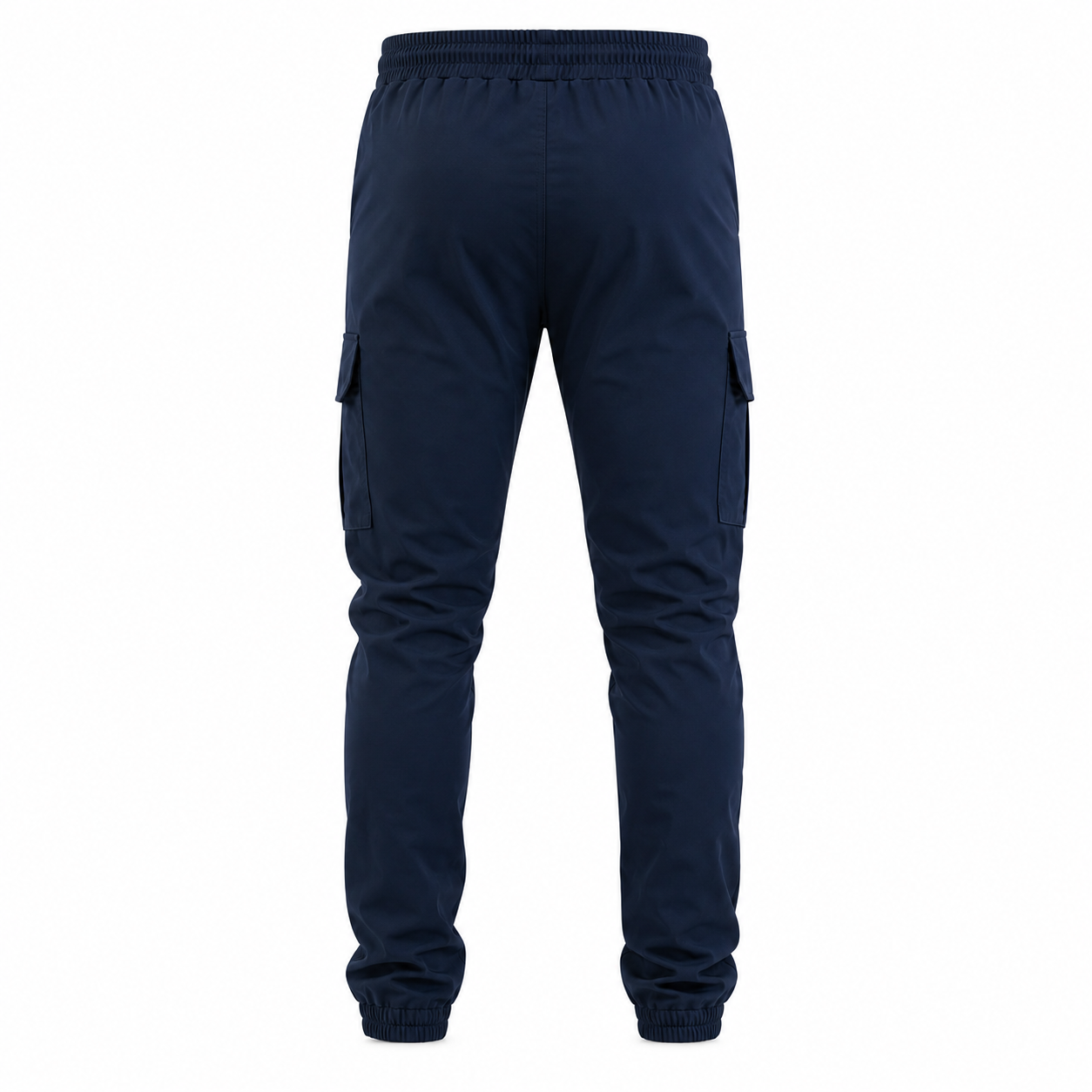 A pair of navy blue cargo jogger pants shown from the back, featuring an elastic waistband, side cargo pockets, and elastic cuffs, set against a plain white background.