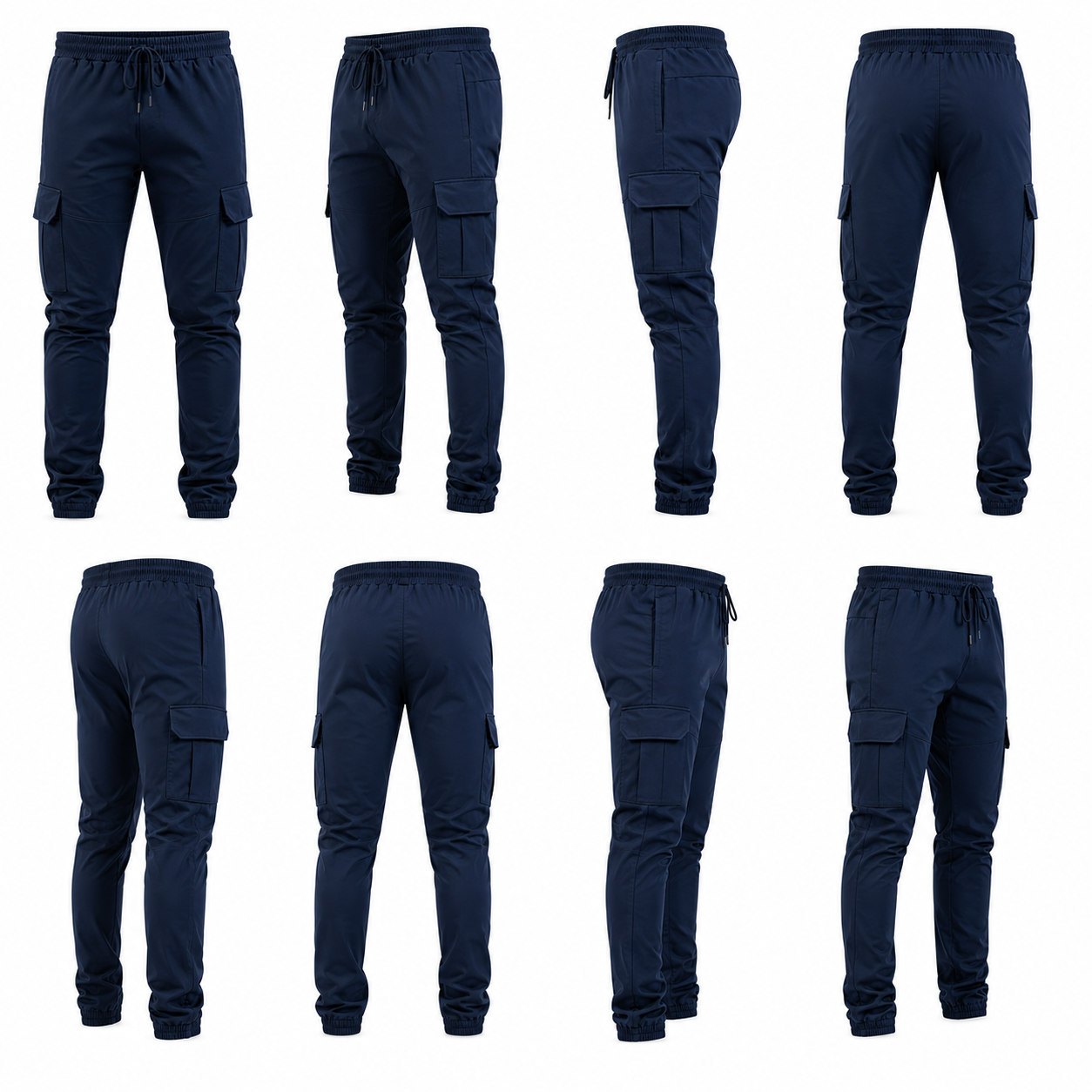 Eight views of navy blue cargo jogger pants arranged in a 2x4 grid on a plain white background, showing front, back, and side angles.