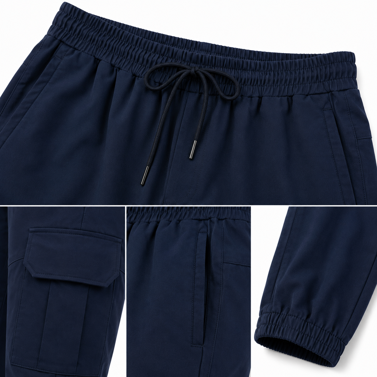 Close-up of navy blue drawstring pants showing the elastic waistband, black drawstring, side cargo pocket, front pocket, and elasticized ankle cuff on a white background.
